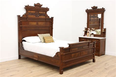 Victorian Eastlake Antique Walnut 2 Pc Bedroom Set Queen Size Bed, Marble