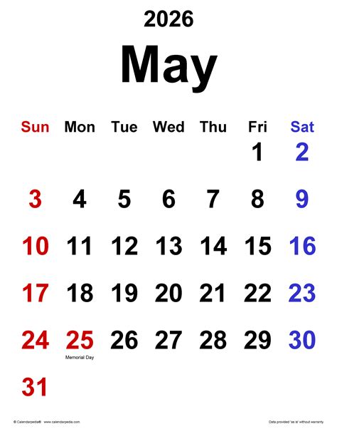 May 2026 Calendar | Templates for PDF, Excel and Word