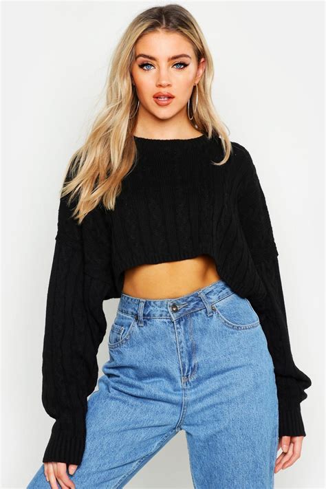 Box Cropped Knitted Cable Sweater | boohoo in 2020 | Cropped knit ...