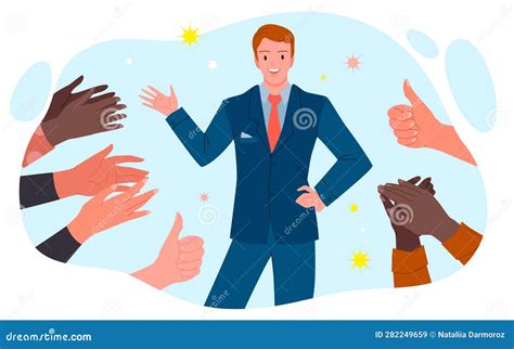 Cartoon People Clap and Congratulate, Appreciate Man with Positive Gestures, Public Praise ...