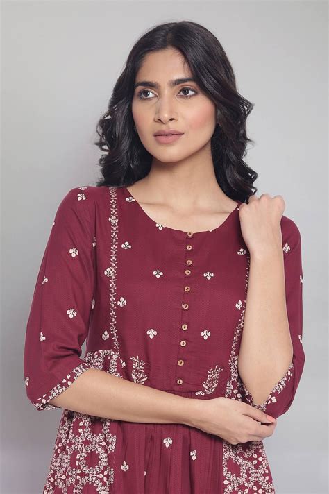 Buy Maroon Flared Gathered Dress with Embroidery @ 2799 | W for woman ...