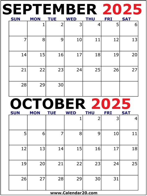 September and October 2025 Calendar - Two Months Per Page - Calendar20.com
