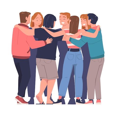 Group of young men and women standing together and hugging friendship ...