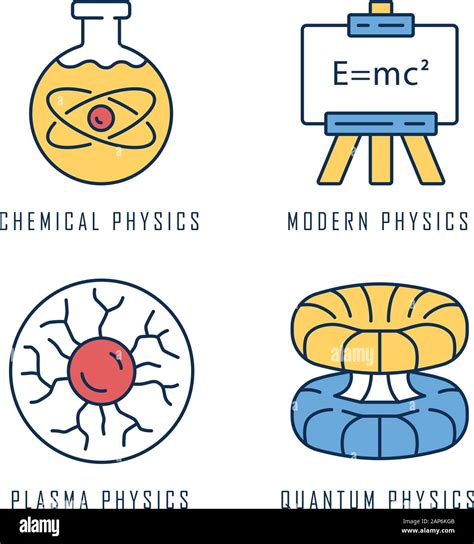 Physics branches color icons set. Chemical, modern, plasma and quantum physics. Quantum ...