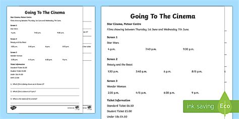 Entry Level 1 Reading Comprehension: Going to the Cinema Worksheet ...