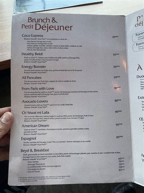 Menu au Coco palm restaurant, Casablanca