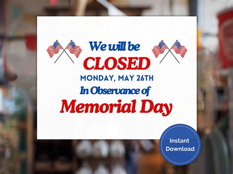 Memorial Day Closed Printable Sign, Closed for Memorial Day Sign, Store ...