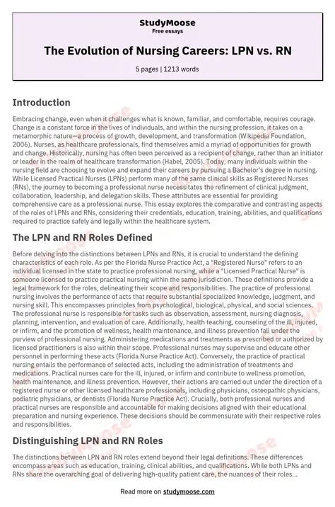 The Evolution of Nursing Careers: LPN vs. RN Free Essay Example