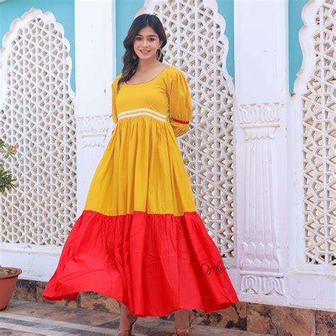 Mustard Yellow With Bright Red Cotton Maxi Dress – Byutify.in