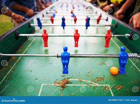 Playing, Foosball and People Outdoor with Table, Game or Closeup on ...