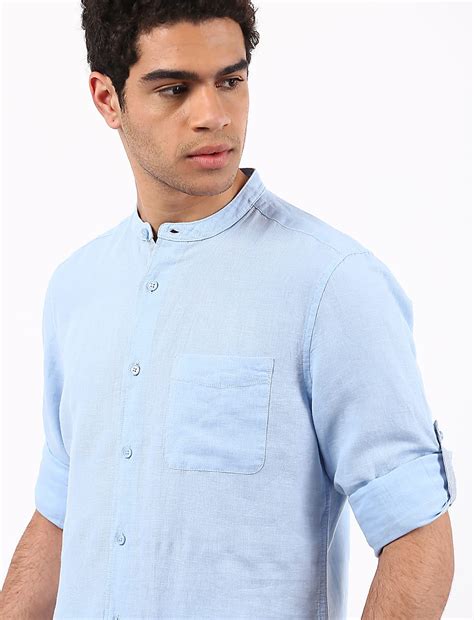 Buy Linen Mix Grandad Collar Solid Shirt at Marks & Spencer