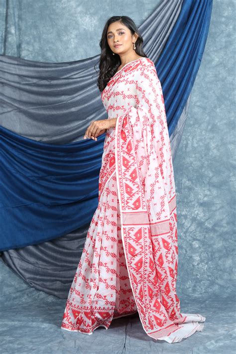 White Jamdani Saree with Allover Weaving – arhi.in