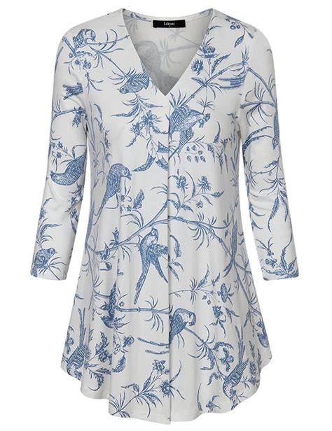 Womens Floral Tunic Tops 3/4 Sleeve V Neck Pleated Casual Tunic Blouse ...
