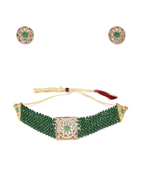 ZAVERI PEARLS Green Crystal Beads & Kundan Choker Necklace & Earring ...