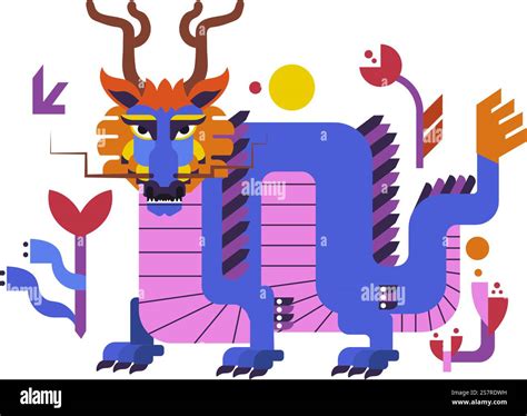 Dragon creature, isolated Chinese mythological being or beast with horns and long tail. Reptile ...