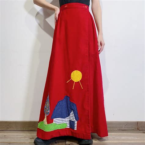 70s red corduroy house patch long wrap skirt | LEMON