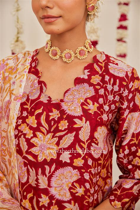 "Vedika" Red Scalloped Hand Block Printed Chanderi Suit Set (3pc) – The ...