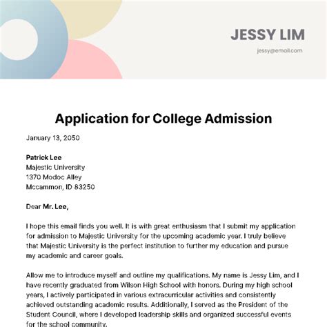Free Application Letter for College Admission Template to Edit Online