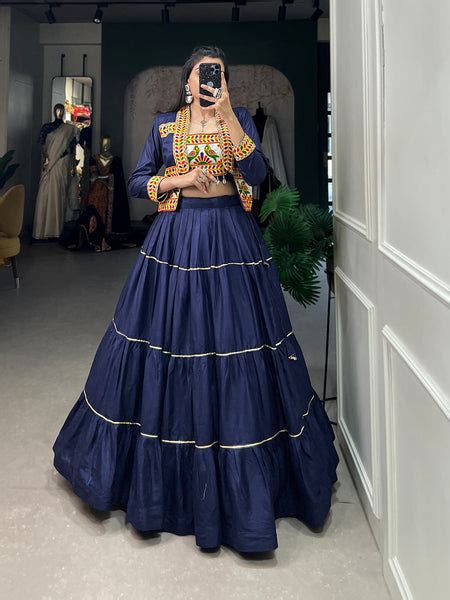 Navy Blue Color Plain With Gota Patti Rayon Gujrati Stylish