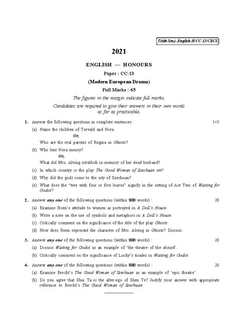 2021 ENGLISH HONOURS SEM6 Question Paper: Modern Drama & Postcolonial ...