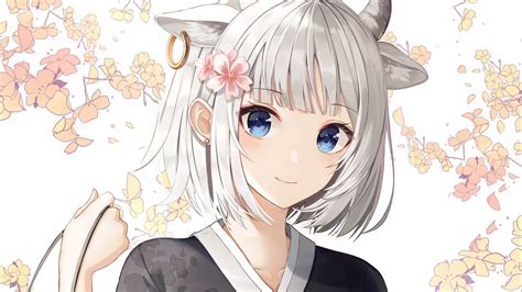 Download wallpaper 1366x768 girl, horns, smile, anime tablet, laptop hd ...