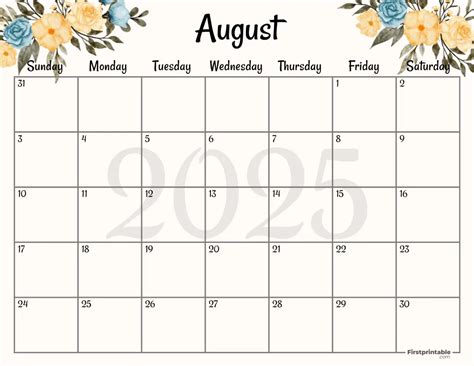 August 2025 Calendar Printable