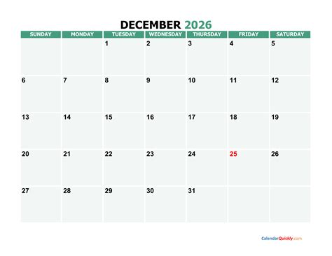 December 2026 Printable Calendar | Calendar Quickly
