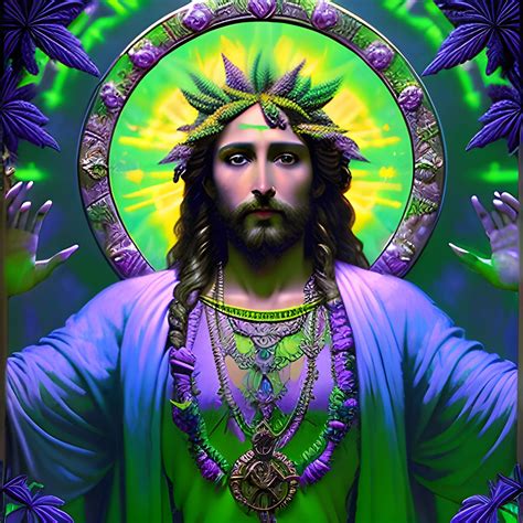 eoclassicist colorful blacklight uv highly detailed painting of Jesus as a marijuana goddess ...