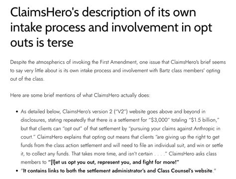 ClaimsHero offers vigorous defense of its overtures to Bartz class ...