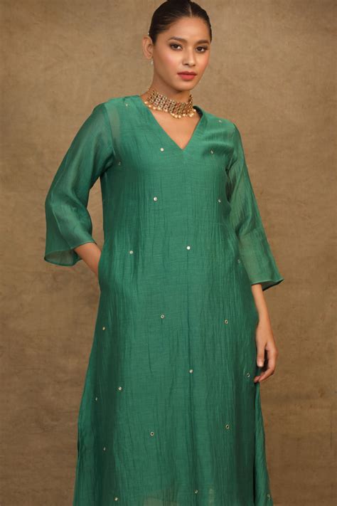 Emerald Green Mirror Work Chanderi Suit Set – Trendytokari