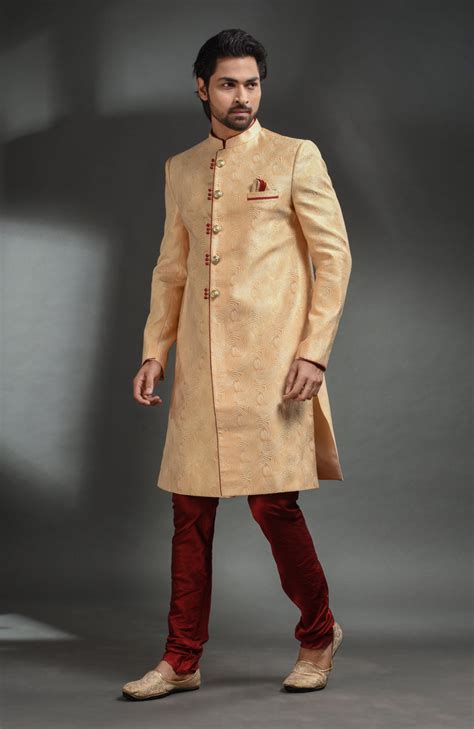 HAMSAFAR Men’s Golden Almond Jacquard Sherwani – Hamsafar Emporium