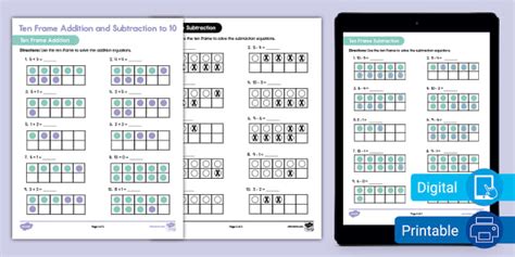 Ten Frame Addition and Subtraction to 10 Worksheet for K-1st Grade