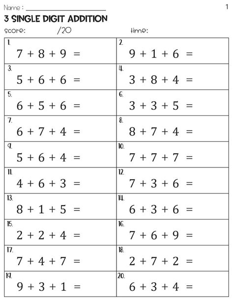 Image result for Adding 3 Single Digit Numbers Worksheet