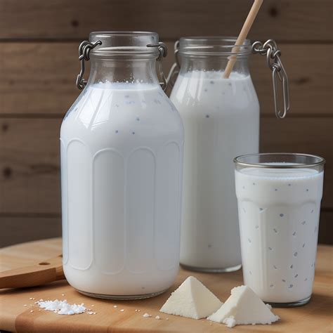 Freshly Churned Milk in Glass Jars with Sweet Crystals on Wooden Table