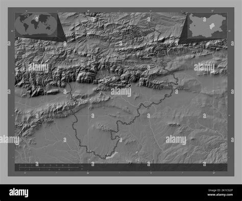 Sliven, province of Bulgaria. Bilevel elevation map with lakes and rivers. Corner auxiliary ...
