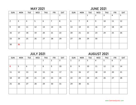 May to August 2021 Calendar | Calendar Quickly