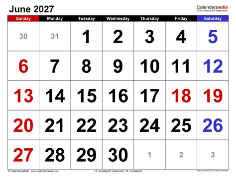 June 2027 Calendar | Templates for PDF, Excel and Word