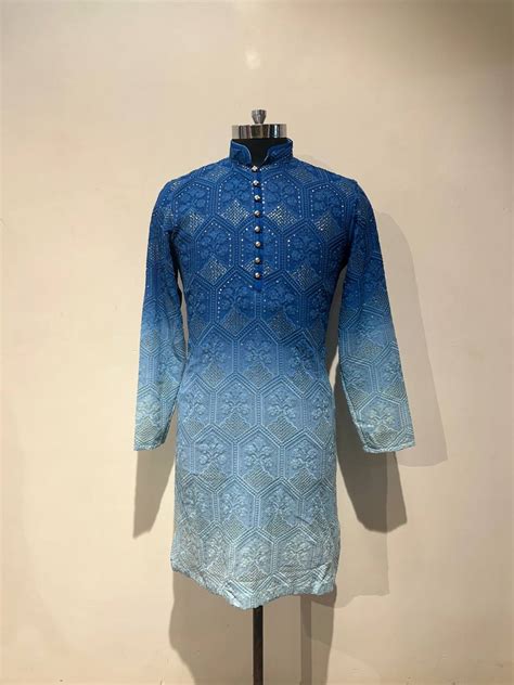 Ombre Dyed Chikankari Kurta Set With Sequins – Devyom Sherwani Store