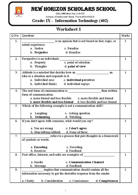 IT Communication Skills Worksheet 1 Answer Key - 1 Worksheet 2 Q ...