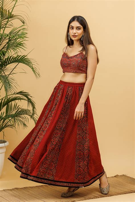 Maroon Ajrakh Kalidaar Elasticated Long Skirt - Tilohri