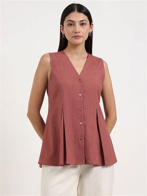 Buy Rust Linen Blend Solid Peplum Top Online | Pink Fort