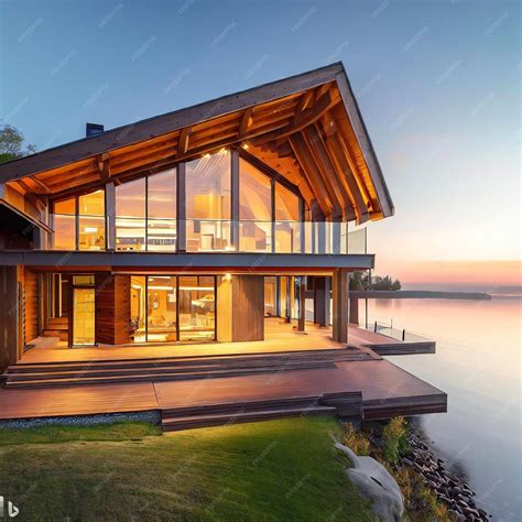 Premium AI Image | A modern lake house with a wooden exterior and large ...