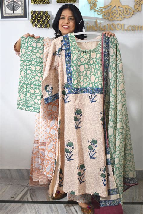 Hand Block Printed stitched 3 pc Cotton suit with Kutch Mirror Work Si ...