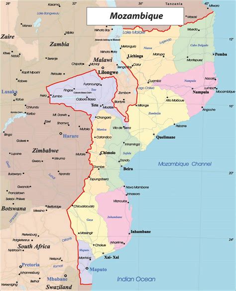 Detailed political and administrative map of Mozambique with roads and major cities | Mozambique ...