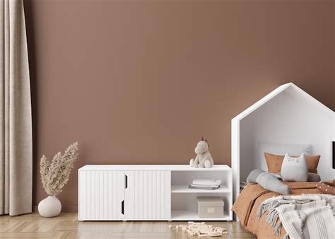 Empty brown wall in modern child room mock up interior in scandinavian ...