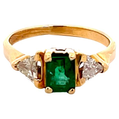 Oval Green Emerald and 2 Diamond Stackable Ring in 14k Yellow Gold For ...