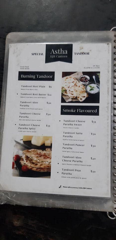 Menu at Astha HJB Canteen, Kharagpur, Scholars Ave