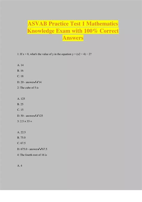 ASVAB Practice Test 1 Mathematics Knowledge Exam with 100% Correct ...