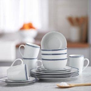 Buy AmazonBasics Porcelain 16-Piece Cafe Stripe Dinnerware Set (Blue ...
