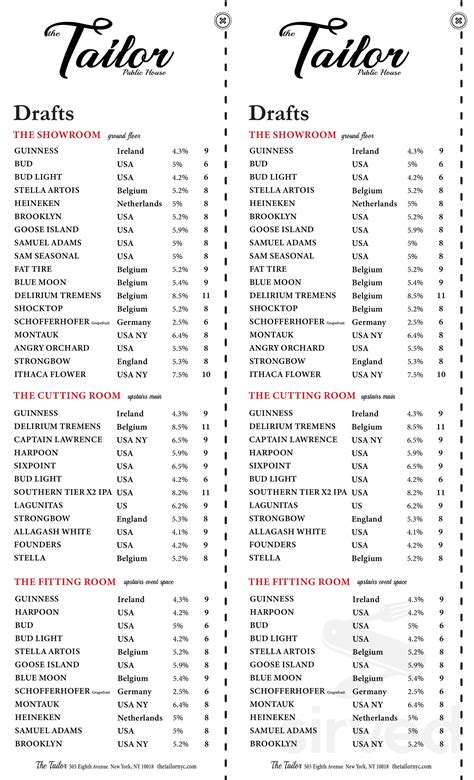 The Tailor Public House menu in New York, New York, USA